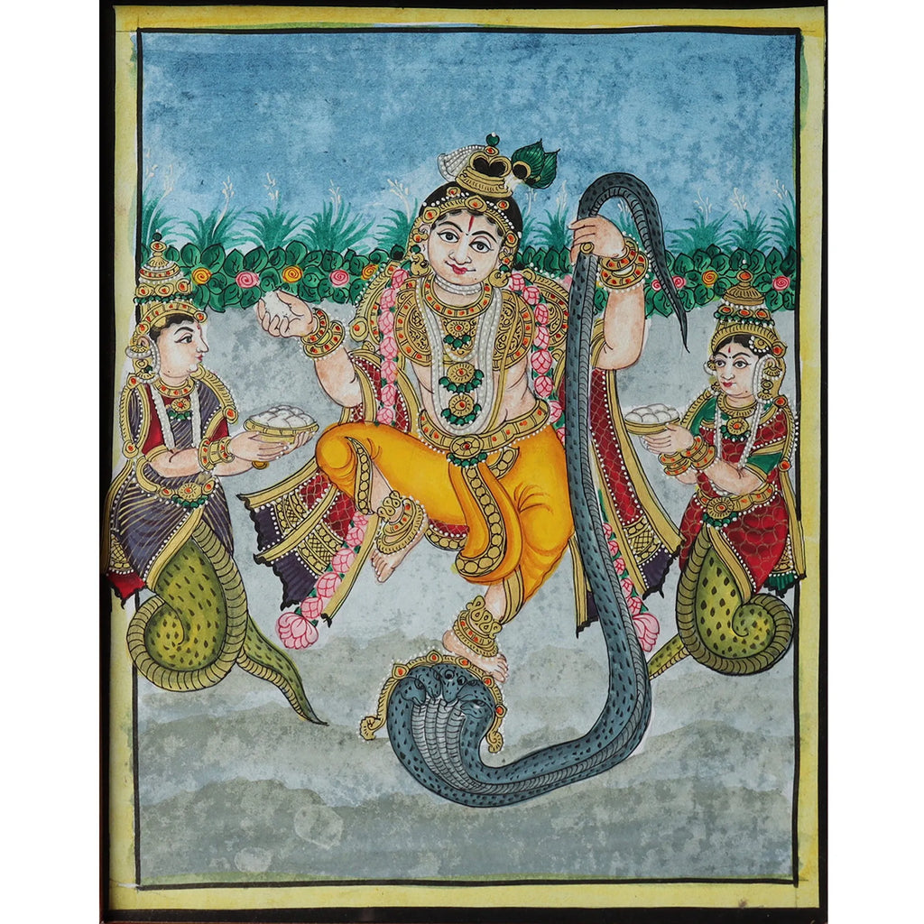 Mysore Painting - Krishna dancing on Kaliya Naag - flat work