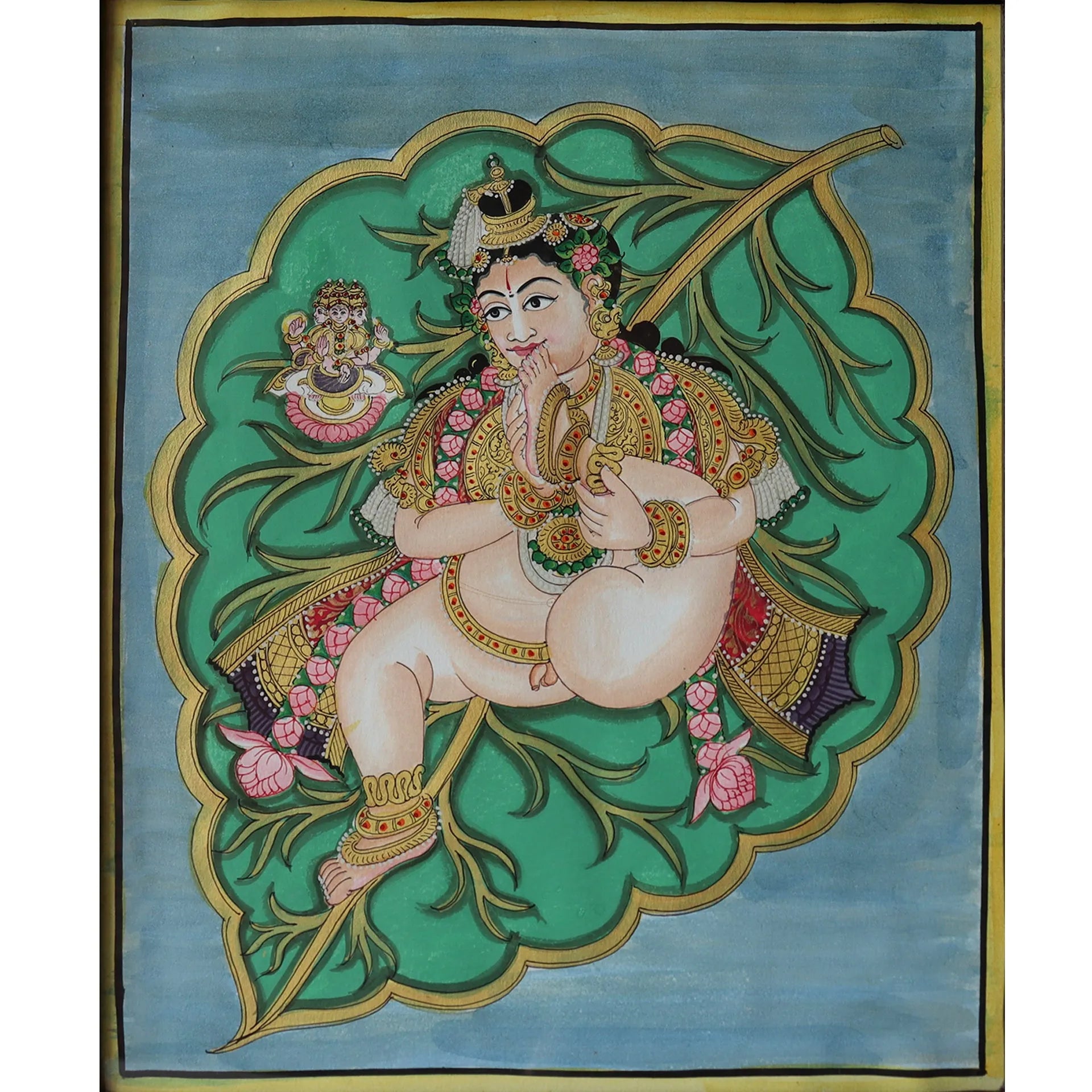Mysore Painting - Baby krishna on peepul leaf- flat work