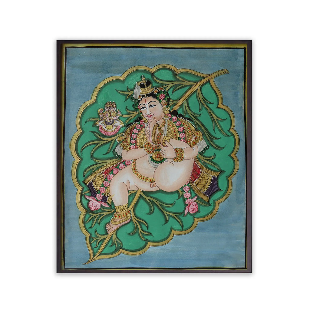 Mysore Painting - Baby krishna on peepul leaf- flat work