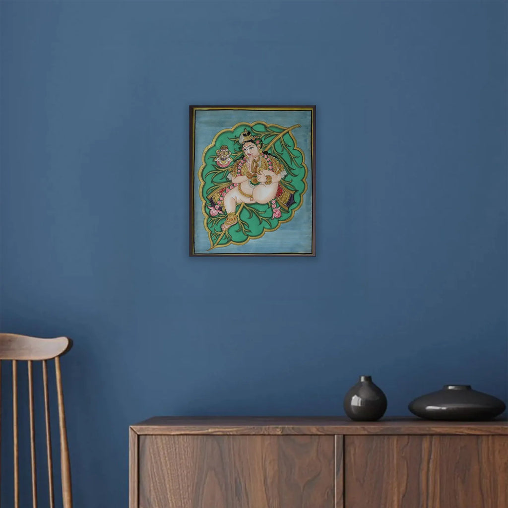 Mysore Painting - Baby krishna on peepul leaf- flat work
