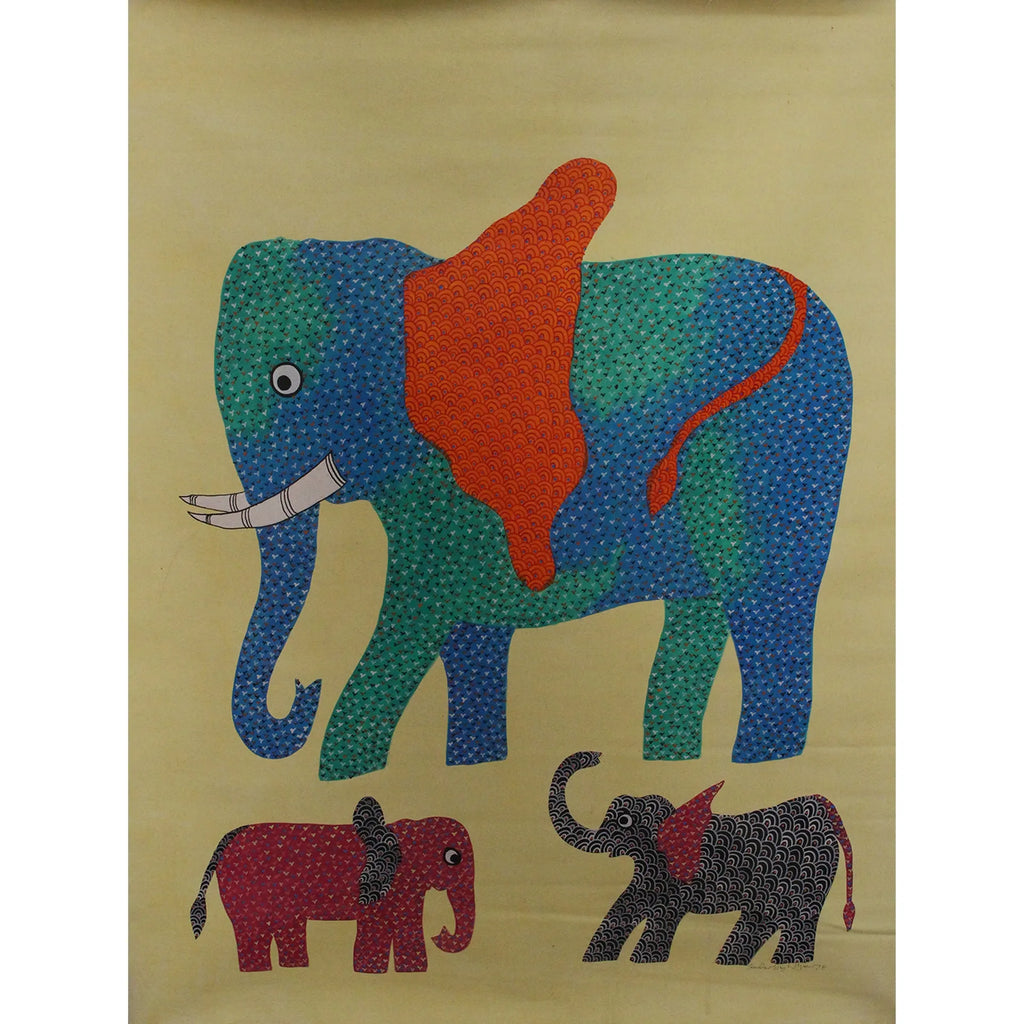 Gond - Mother elephant and two babies