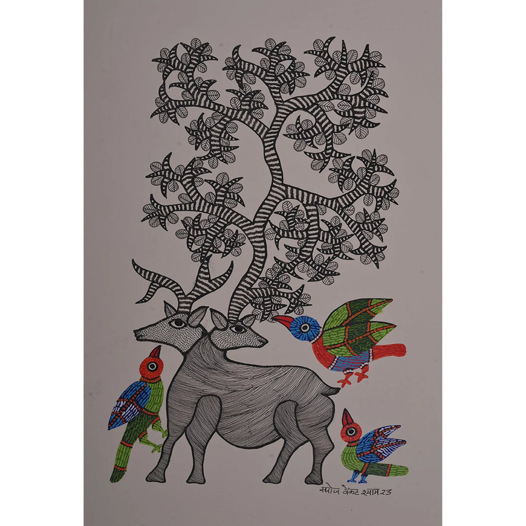Gond - Deer & Birds by the Sacred Tree