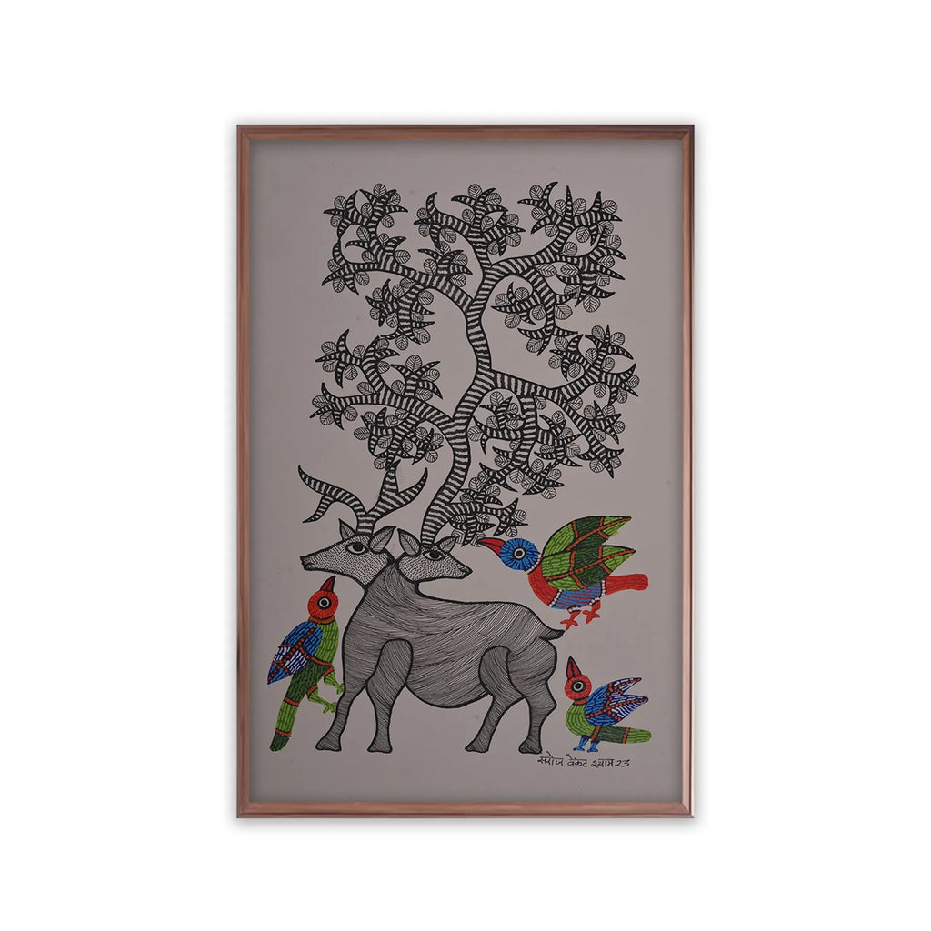 Gond - Deer & Birds by the Sacred Tree