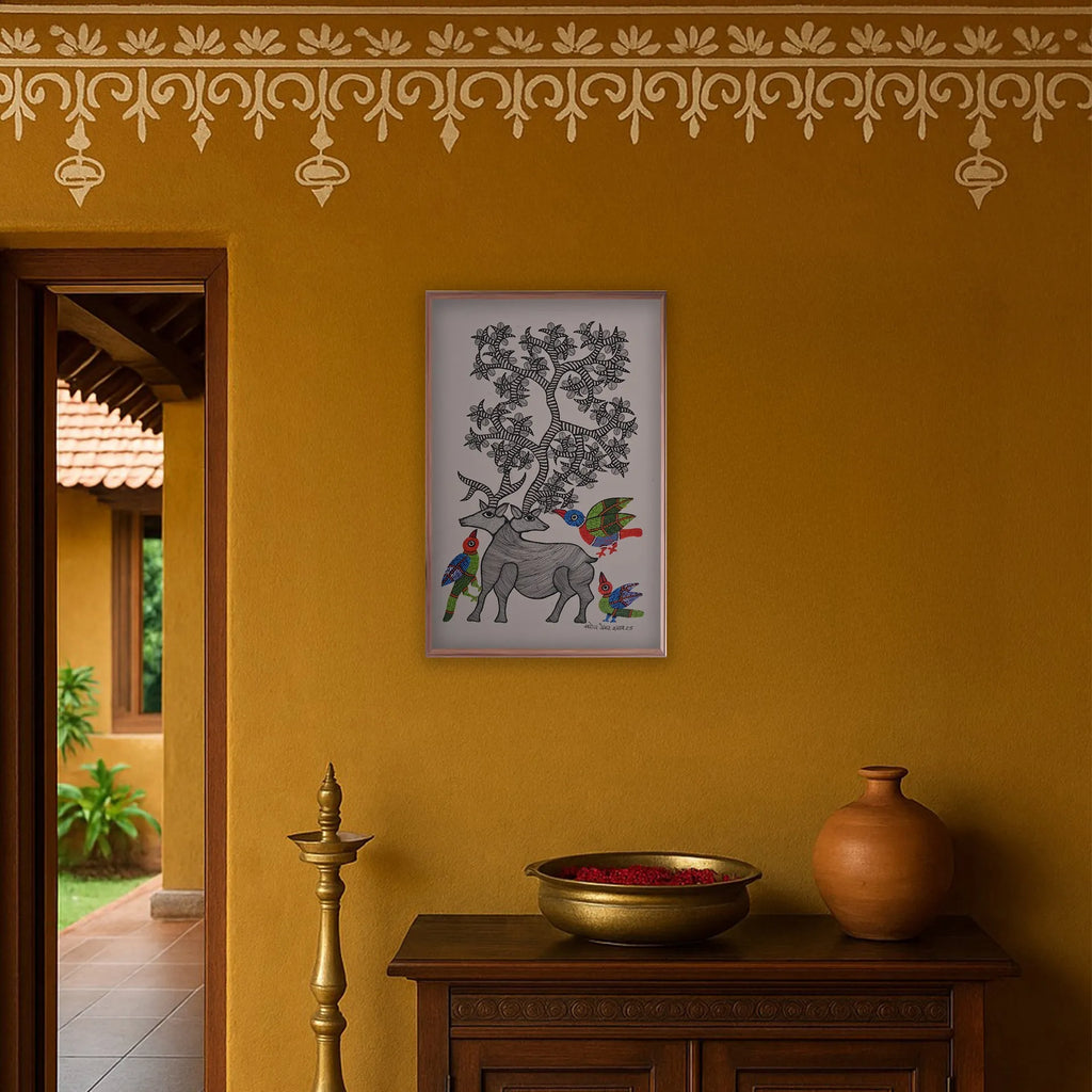 Gond - Deer & Birds by the Sacred Tree