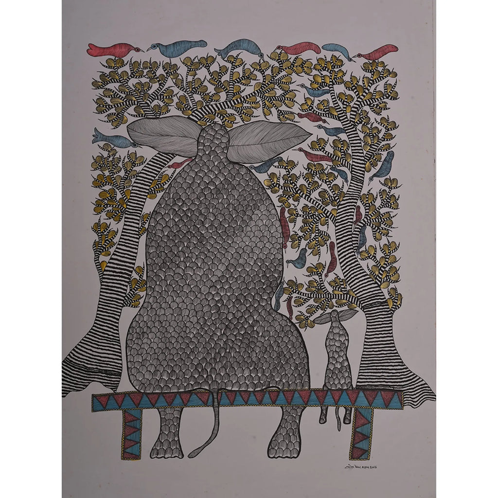 Gond - Elephant and Child Sitting on the Bench