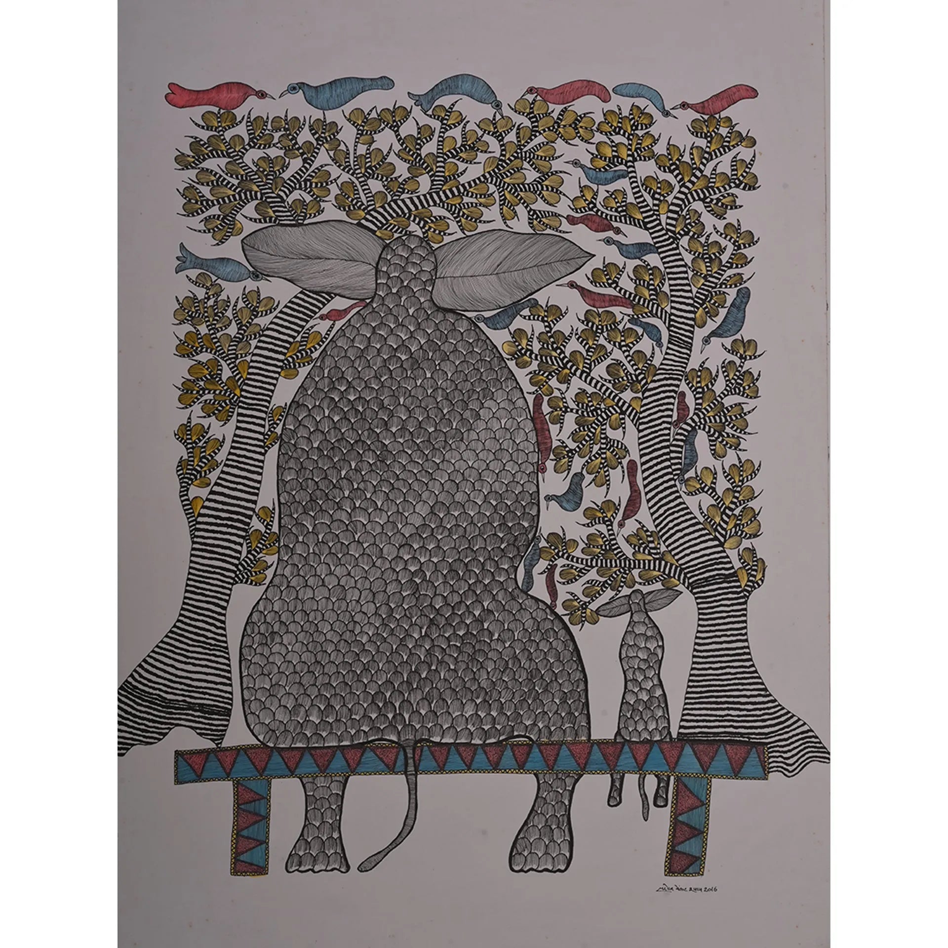 Gond - Elephant and Child Sitting on the Bench