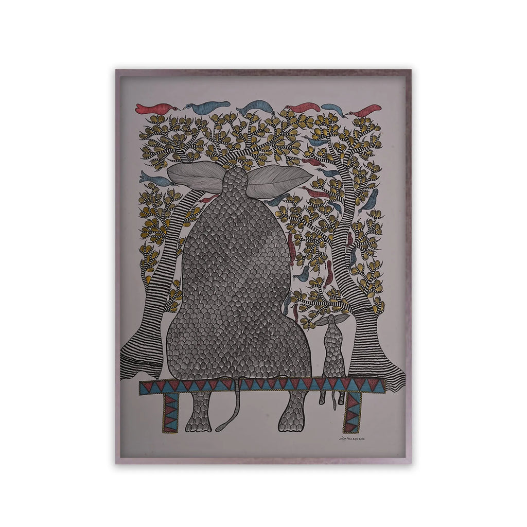 Gond - Elephant and Child Sitting on the Bench