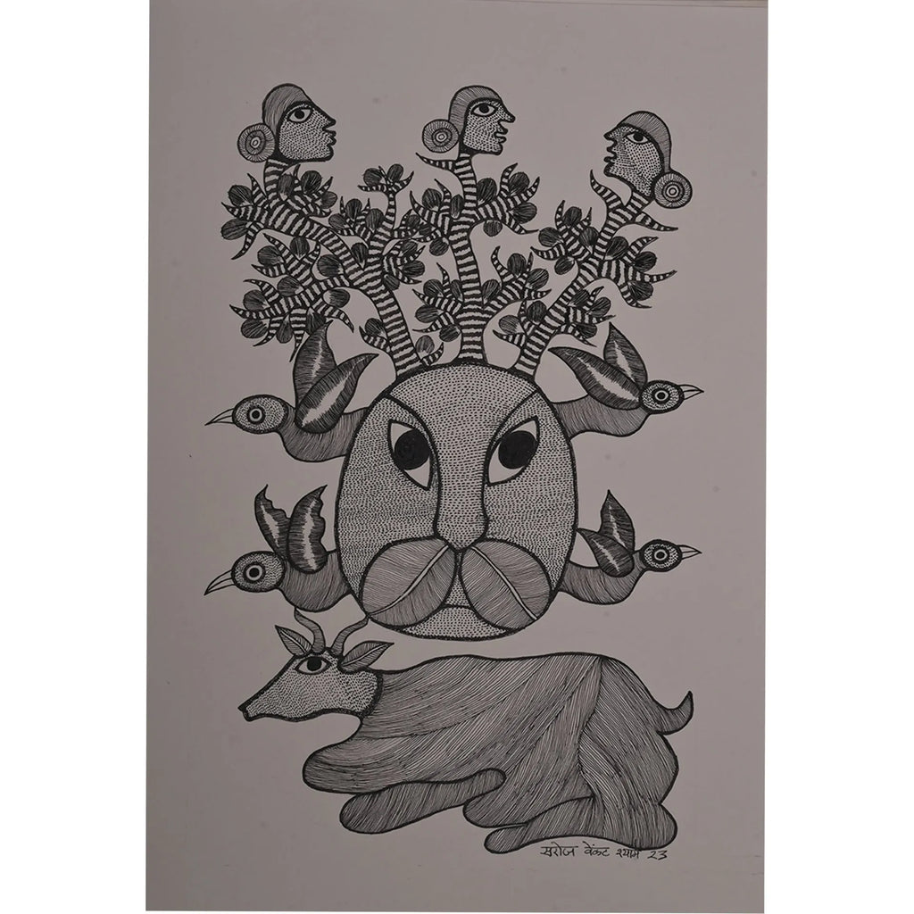 Gond - Tiger face , Nandi and three godesses