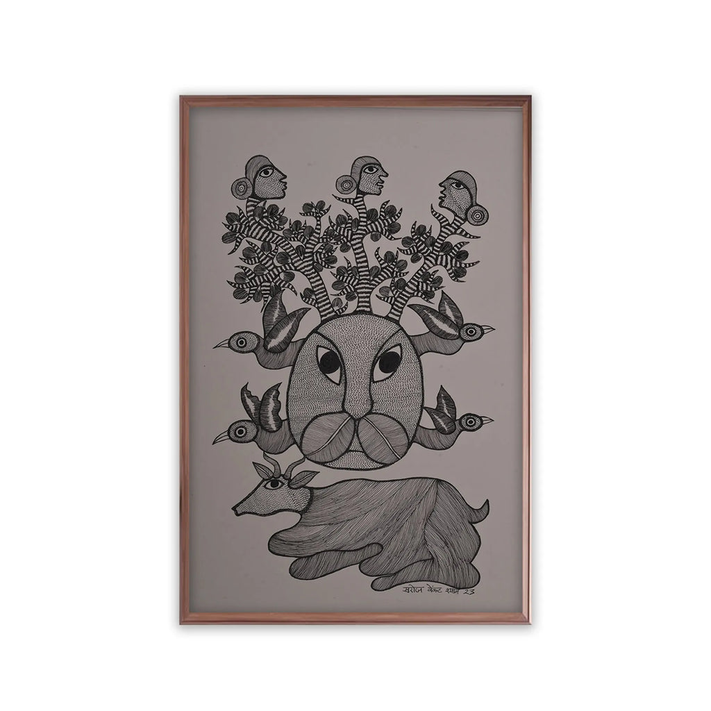 Gond - Tiger face , Nandi and three godesses