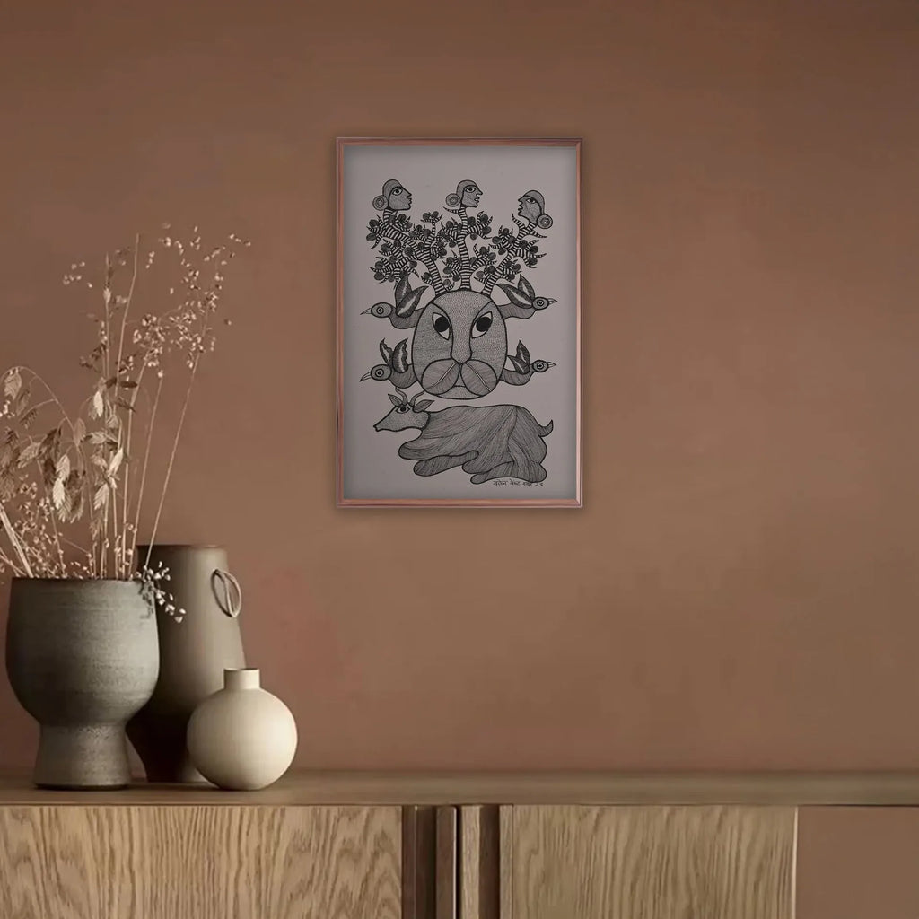 Gond - Tiger face , Nandi and three godesses