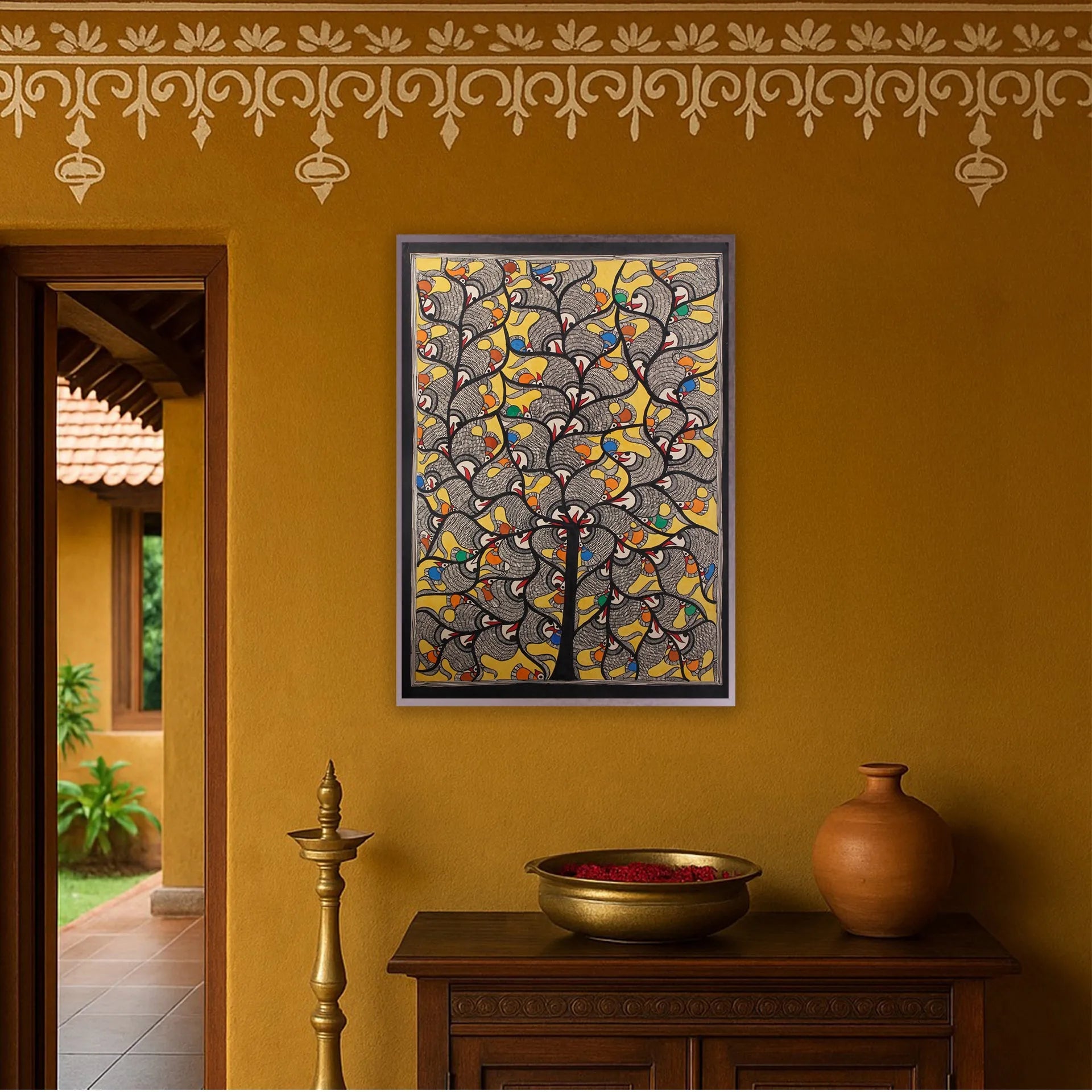 Madhubani - Tree of Life with Fish and Peacock