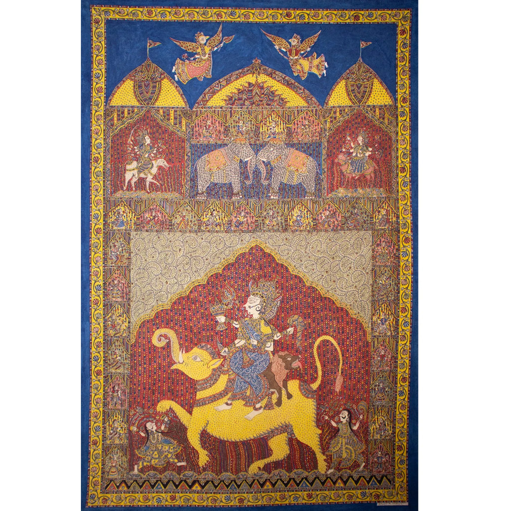 Mata Ni Pachedi - Solanki Mata temple with lion body and elephant head.Hadksha mata on left and pink gail mata  on right.