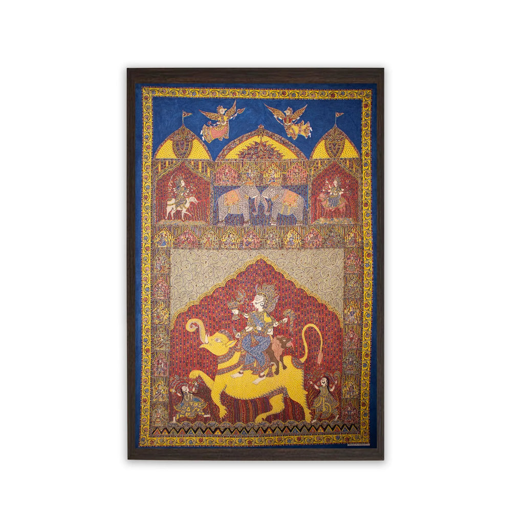 Mata Ni Pachedi - Solanki Mata temple with lion body and elephant head.Hadksha mata on left and pink gail mata  on right.