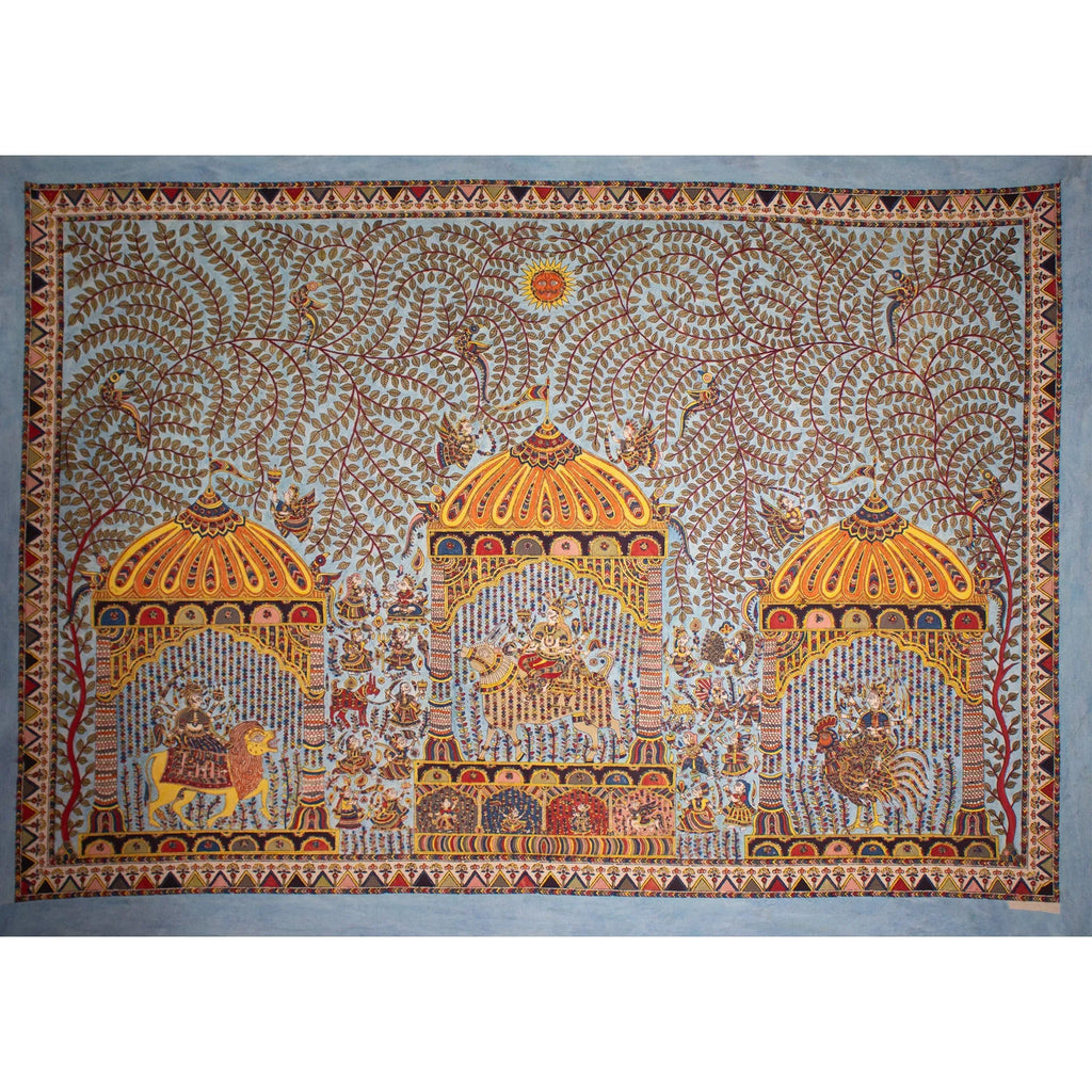 Mata Ni Pachedi - Three temples sorrunded by tree of life, fairies showering with flowers, other mata ni pachedi motifs.