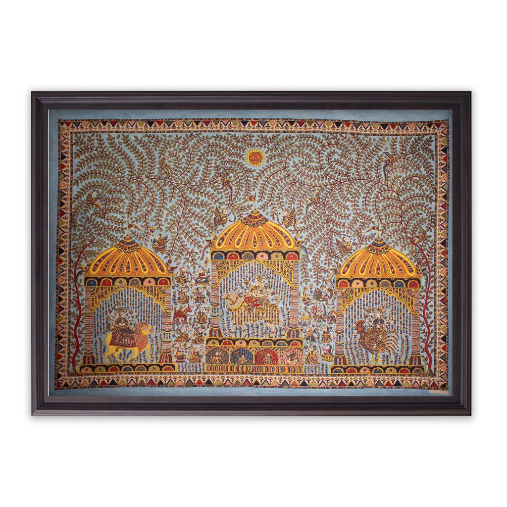 Mata Ni Pachedi - Three temples sorrunded by tree of life, fairies showering with flowers, other mata ni pachedi motifs.