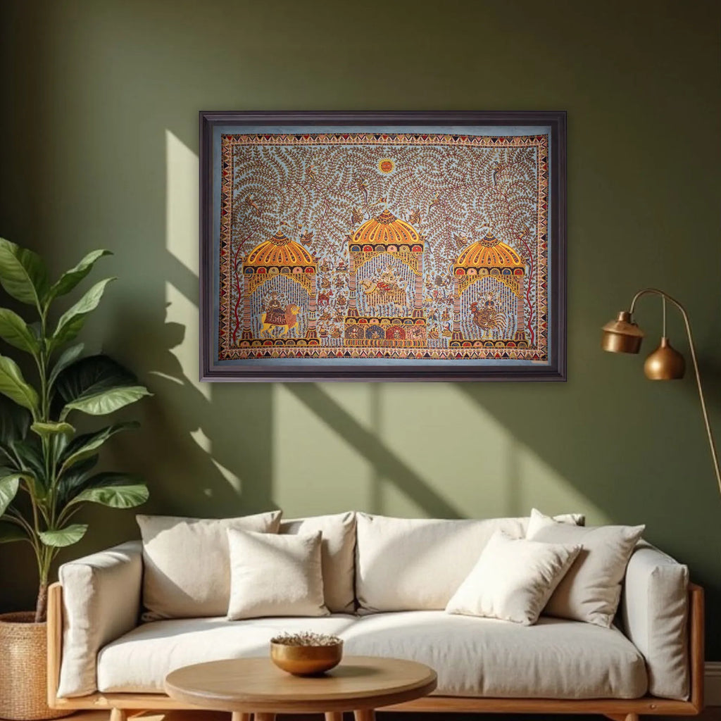 Mata Ni Pachedi - Three temples sorrunded by tree of life, fairies showering with flowers, other mata ni pachedi motifs.