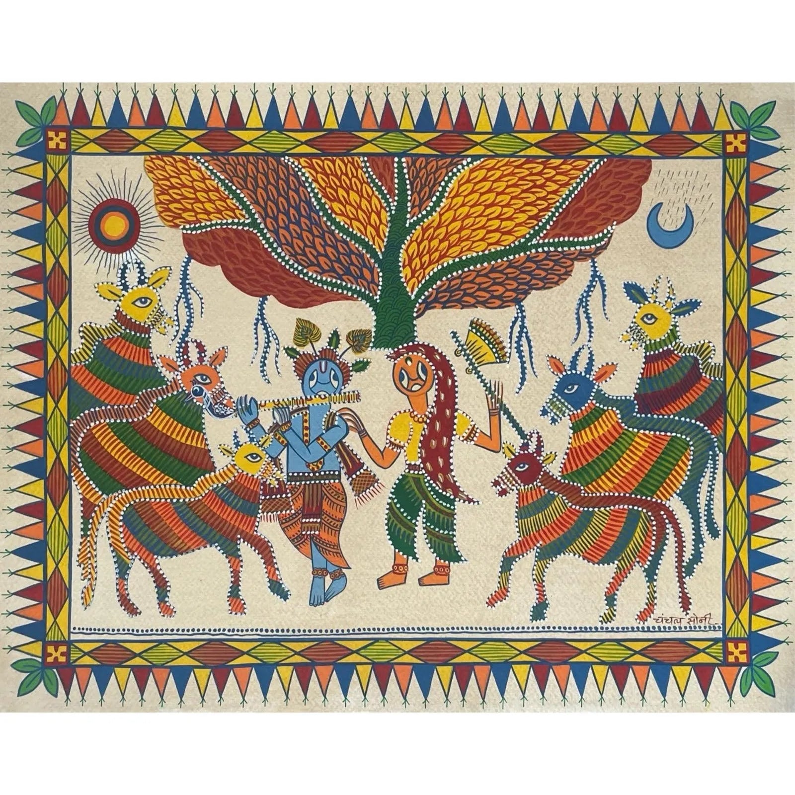 Pithora Art - Radha Krishna with cows