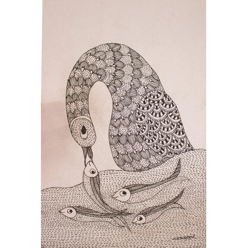 Gond - Crane and fish B and W
