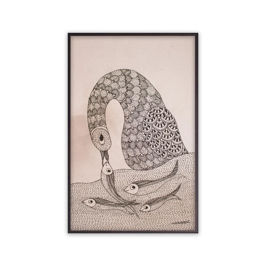 Gond - Crane and fish B and W