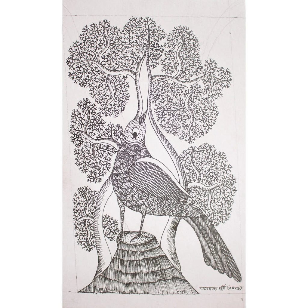 Gond - Bird and Tree of life B and W