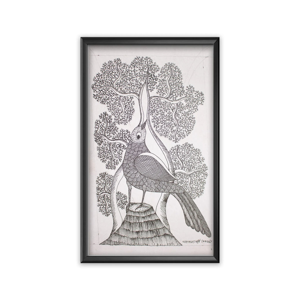 Gond - Bird and Tree of life B and W